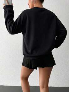 Women's Casual Green Long Sleeve Round Neck Drop Shoulder Pullover Sweatshirt, Ribbed Knit Detail - Black - View 3