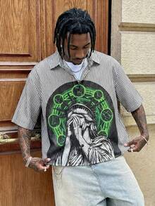 AXEPEAK Men's Striped & Graphic Print Button Front Casual Short Sleeve Shirt - Black and White - View 1