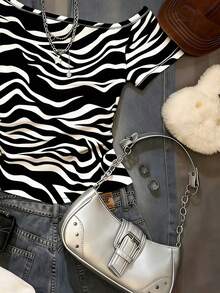 Glimmora 女士夏季时尚不对称领斑马纹T恤 - 白色 - 查看 3