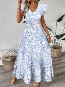 Easowa Đầm chữ A tay ngắn cổ chữ V, viền bèo nhún, kiểu dáng thường ngày, thích hợp cho kỳ nghỉ của phụ nữ. - Xanh và trắng - Xem 4
