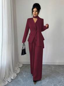 SHEIN Elenzya Bộ vest công sở thanh lịch màu trơn gồm áo khoác hai hàng cúc và quần ống rộng. - Màu Đỏ Sâu - Xem 3