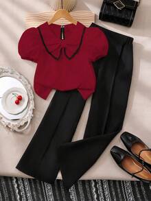 SHEIN 2pcs/Set Young Girl' Burgundy Shirt Top, Contrast Tie-Dye, Black Casual Pants, Leisure Outfit - Burgundy - View 3