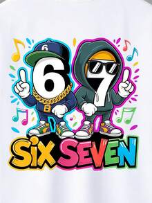 SHEIN Explorewe 男童春夏休闲时尚创意个性清新简约时尚数字67卡通酷炫图像音乐符号彩色字母标语印花舒适基础款短袖T恤，适合春、夏、秋季男童日常穿着。 - 白色 - 查看 7