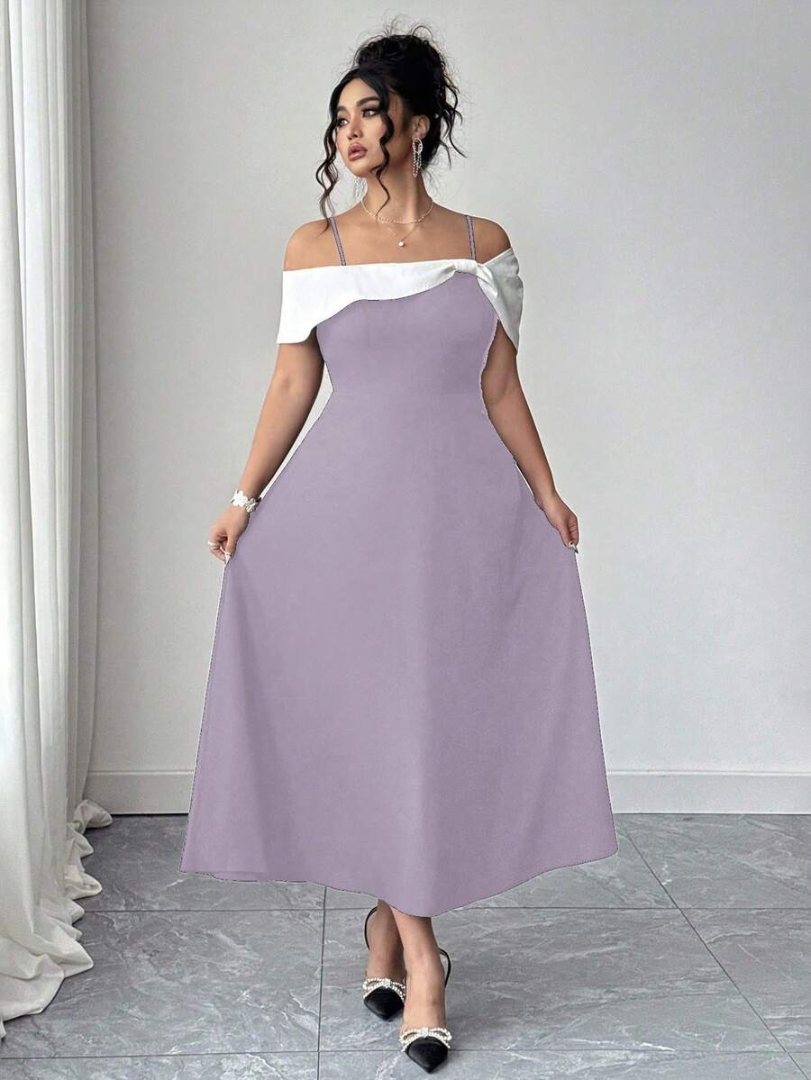 SHEIN PETITE Gaun A-Line Midi Wanita Ukuran Plus Elegan dengan Blok Warna, Tali Bahu Tipis, Bahu Terbuka, dan Pita, Musim Panas - Purple - View 1