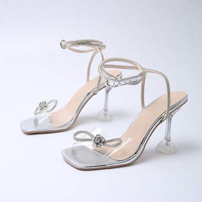 De mujeres alto Tacones delgados transparente con tacón Sandalias con con diamante de imitación embellecimiento ,nudo de mariposa ,con tobillo con cordón para verano.Sandalias de tacón alto con puntera puntiaguda, tiras con moño, talón de cristal transparente y plateado para vestido