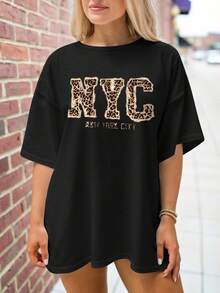 EMERY ROSE 大码休闲女式洛杉矶字母印花宽松中长款短袖圆领T恤 - 黑色 - 查看 4