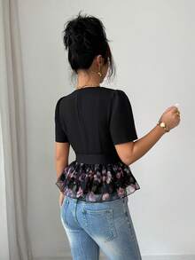 SHEIN LUNE 春夏新款优雅休闲女式衬衫，泡泡袖，韩式设计，金属扣腰带束腰，网纱印花拼接，V领上衣（含腰带），优雅时尚女式衬衫，正式场合女装，优雅套装，办公室女式工作上衣，荷叶边上衣，印花衬衫，含腰带，职业装女装，女士上衣和衬衫 - 彩色 - 查看 2