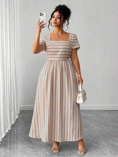 Elenzga Plus Size Women Summer Casual Vacation Striped Print Square Neck Waist Cinched Long Dress