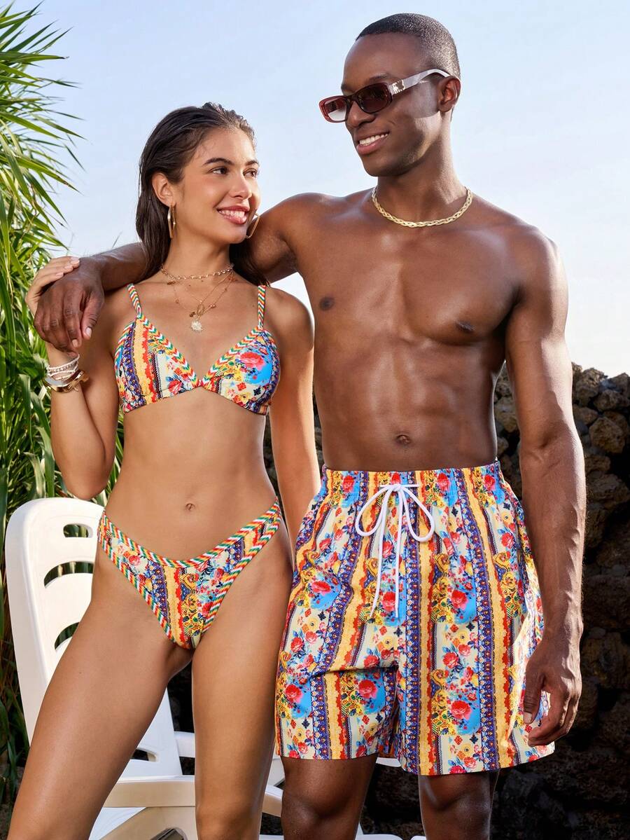 Manfinity VDAYZ Men's All-Over Print Drawstring Waist Casual Beach Shorts,Yellow Summer Boho Holiday Matching Bathing Suits For Men & Women Couple Swimwear Set - Multicolor - View 1