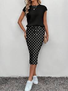 SHEIN LUNE 女士黑色波点迷你裙+短袖T恤两件套 - 优雅休闲的春秋夏季波西米亚风时尚套装，适合工作、下午茶、海滩度假、夏威夷、春假、音乐节等场合。 - 彩色 - 查看 8