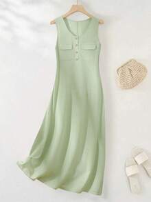 SHEIN Franclia Button Pocket Dress For Women - Green - View 8