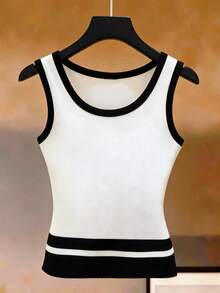 SHEIN Franclia Women's New Arrival Spring/Summer Black & White Contrast Casual Camisole Top, Suitable For Commuting, Vacation, Party, Daily Wear, Afternoon Tea Women's Crop Top Dress Top White Crop Top Women Gym Tops For Women Athletic Top Beach Tops For Women Tank Top With Built In Bra Swim Top For Women Beachwear Tops Tank Top Women Black And White Top Black And White Tops Women's Vest Tops Tops For Women Beach Women's Tops For Summer Body Tops For Ladies Beach Outfit For Women - Multicolor - View 2