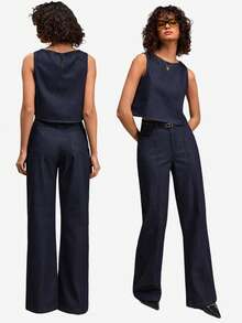 EURMUSE 女士牛仔两件套休闲时尚套装，高腰牛仔裤搭配牛仔上衣，深蓝色水洗修身款，纽扣闭合 - 深色水洗藍 - 查看 1