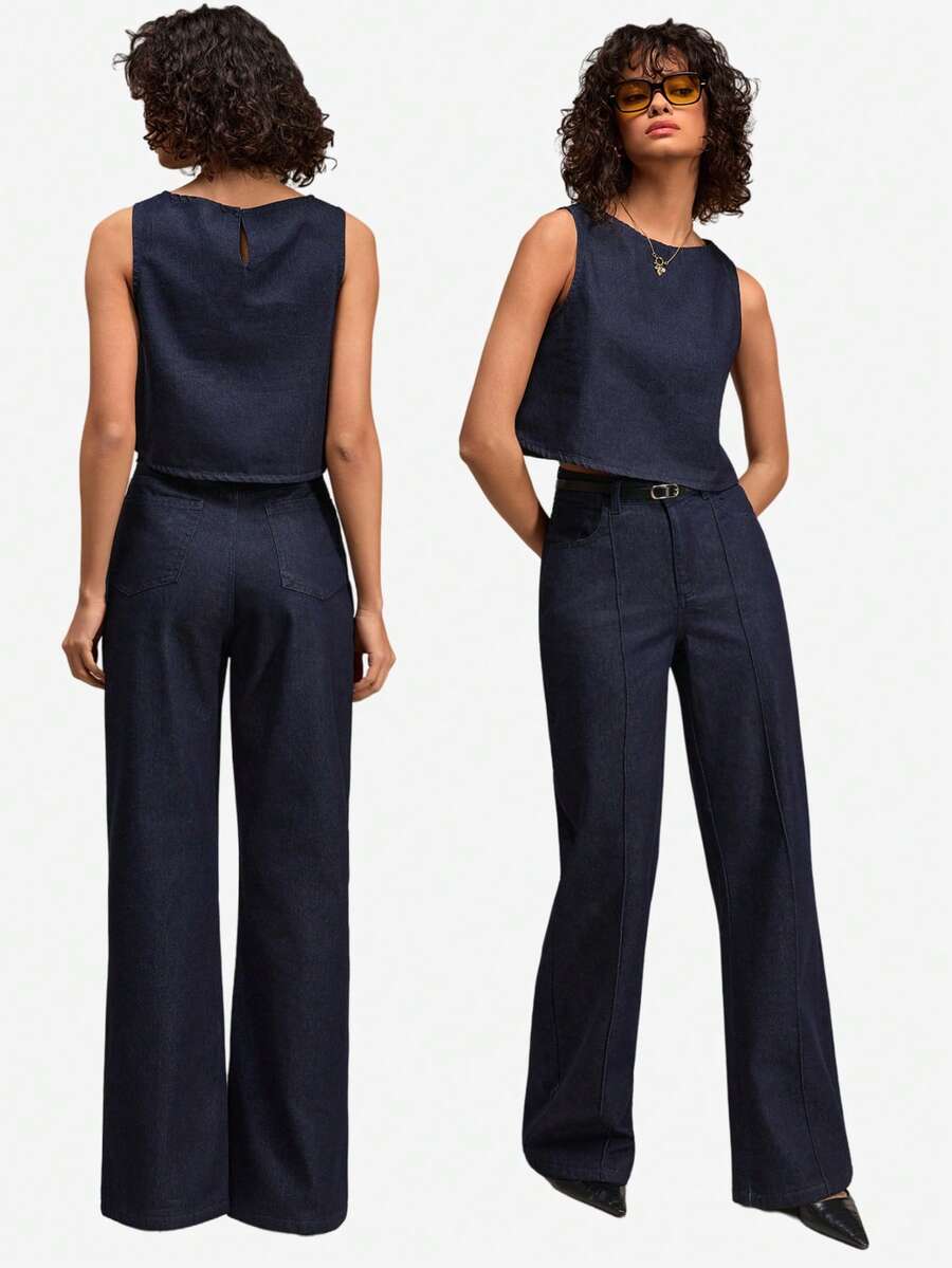 EURMUSE 女士牛仔两件套休闲时尚套装，高腰牛仔裤搭配牛仔上衣，深蓝色水洗修身款，纽扣闭合 - 深色水洗藍 - 查看 1