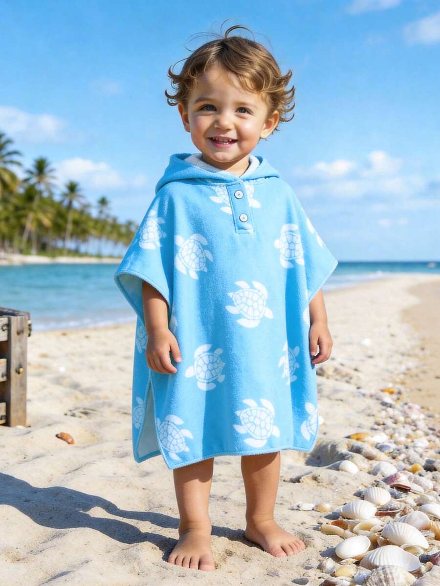 Toddler Boys'Cute Cartoon Turtle Blue And White Striped Summer Beach Holiday Hooded Cover Up Swimwear,V-Neck Baby Wearable Towel,Infant Swim Poncho