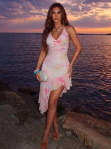 SHEIN Allurite Asymmetric Hem Printed Halter Neck Dress, Women's Vacation Pink Dress - Pink - View 5