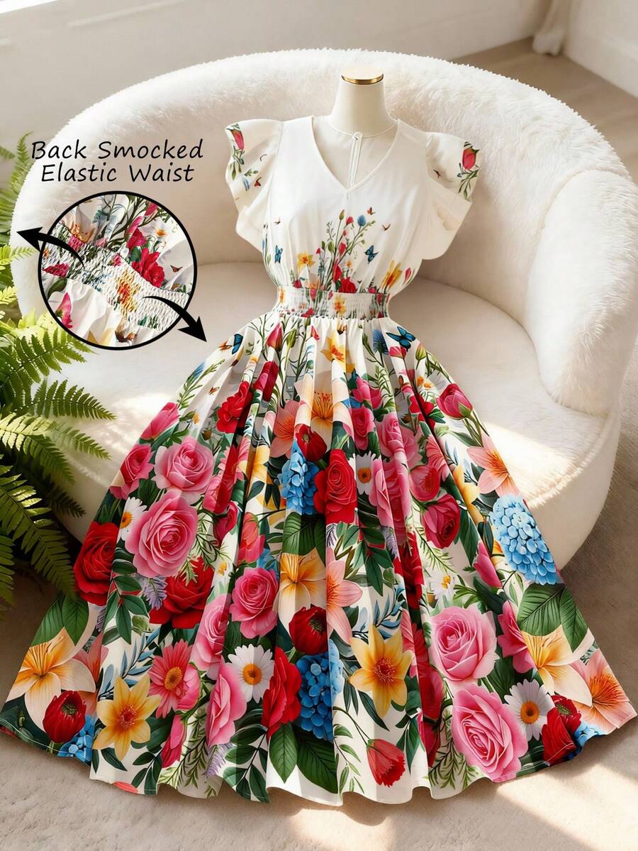 SHEIN Clasi 大码女装时尚优雅X型V领双层荷叶袖松紧腰浪漫印花连衣裙 - 杏色 - 查看 1