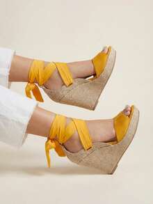 Sandalias mujer plataforma, cuña yute, esparto, alpargatas altas, cintas amarrar, tacón corrido, cómodo,, casual, boho, verano, moda femenina - Rojo - Ver 5