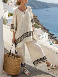 Balvessa 2pcs/Set Women Casual Vacation Summer Placement Print Pattern Round Neck Loose Comfortable Shirt + Pants - Apricot - View 1