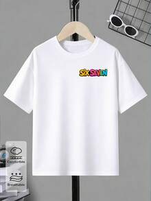SHEIN Explorewe 男童春夏休闲时尚创意个性清新简约时尚数字67卡通酷炫图像音乐符号彩色字母标语印花舒适基础款短袖T恤，适合春、夏、秋季男童日常穿着。 - 白色 - 查看 2