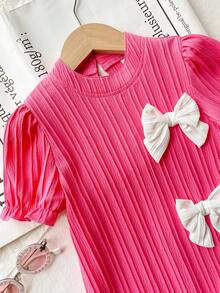 Genkimix Kids Young Girls Summer New Arrival Bow Puff Sleeve A-Line Dress - Stylish & Elegant Princess Casual Holiday Outfit - Hot Pink - View 4
