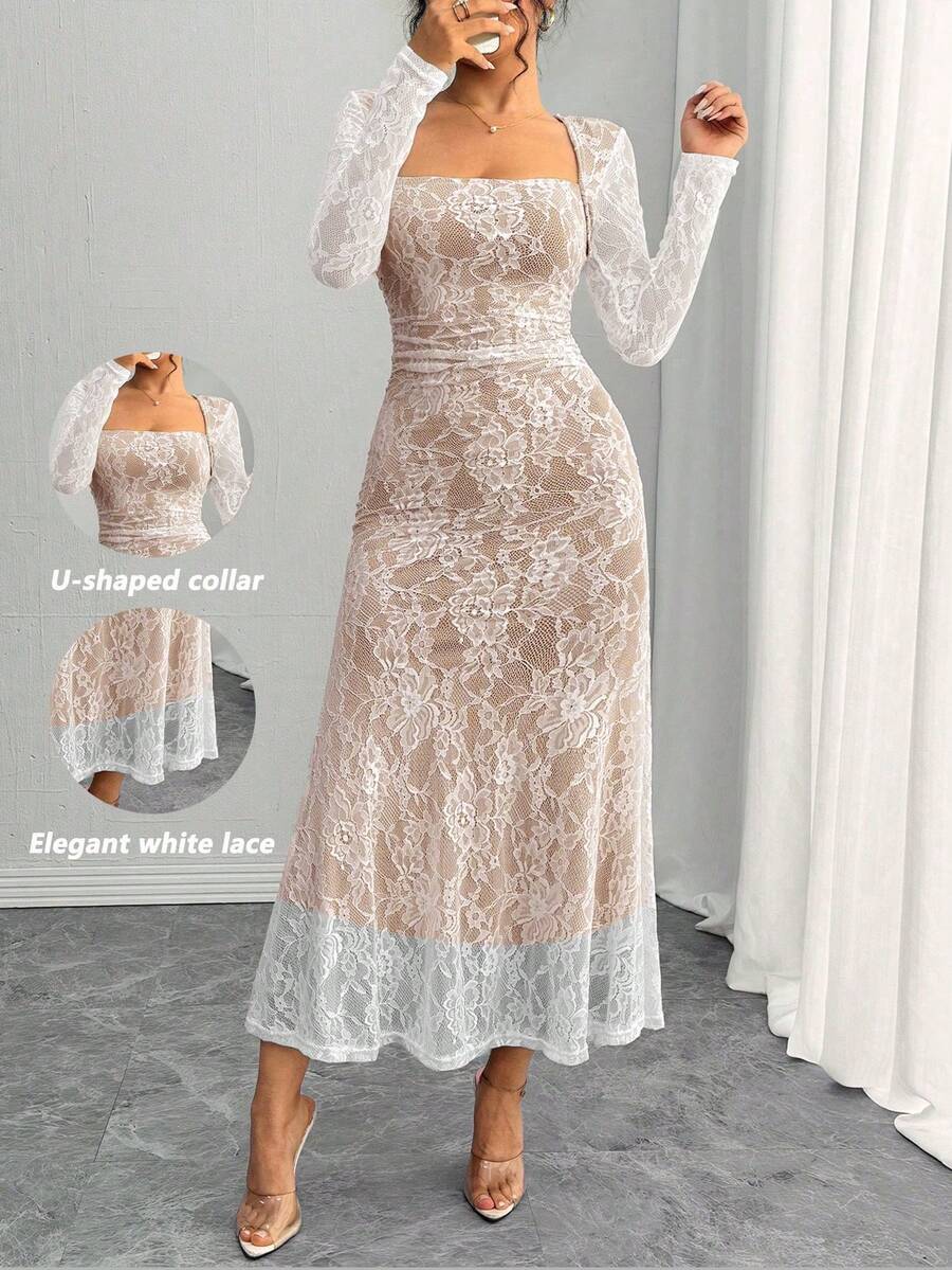 Rafferiza 优雅紧身 U 领长袖白色蕾丝美人鱼下摆白色连衣裙，适合女士，秋冬季长款女装 - 彩色 - 查看 1