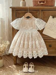 Cozy Pixies Baby Girl Round Neck Short Sleeve Waist Cinched Solid Color Dress, Comfortable & Versatile - Multicolor - View 3