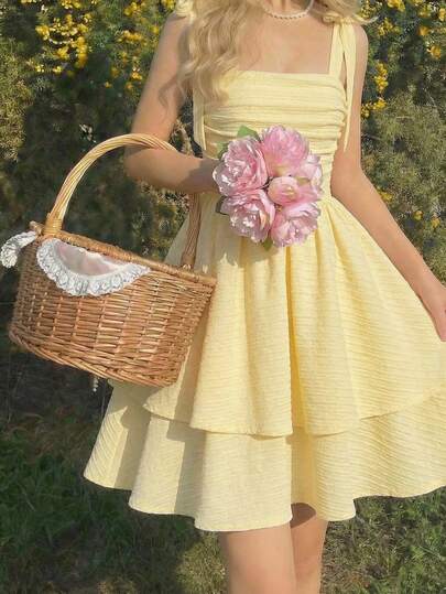 SHEIN Tween Girls Cute Elegant Solid Yellow Spaghetti Strap Bowknot Ruched Waist A-Line Layered Knit Dress, Suitable For Outings, Parties, Spring/Summer, Vacation & Holidays Holiday Outfits Tea Party Dress Girl Spring Dresses For Girls Charming Kids Dresses Yellow Kids Dress