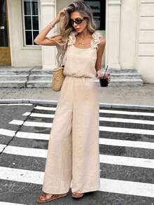 Pariaura INS 法式夏季设计感肩带荷叶边露背系带腰部宽松显瘦高腰阔腿连体裤（女款） - 杏色 - 查看 7