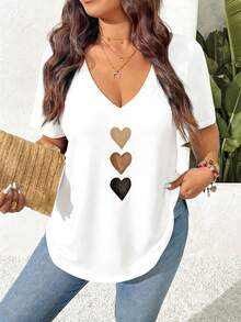 SHEIN Frenchy Camiseta de manga corta con estampado de corazón, de talla grande y estilo casual de verano - Blanco - Ver 5