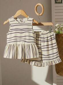 2pcs/Set Girls Sleeveless Woven Striped Tank Top With Bow Decor & Elastic Waist Loose Casual Shorts, Summer Vacation Comfortable Set - Beige - View 3