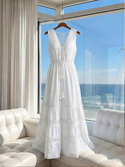 GlowEve Elegant Sexy Holiday Vacation Outfit Summer French Minimalist Sleeveless V-Neck Hollow Lace Waist Cinched Long Dress, White Design