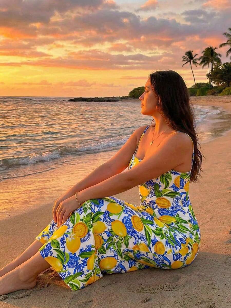 Veykashi Casual Minimalist Full-Print Fresh Lemon Fruit Pattern Bodycon Cami Maxi Dress, Suitable For Summer, Beach Vacation, Graduation Season, Spring Break - Yellow - View 1