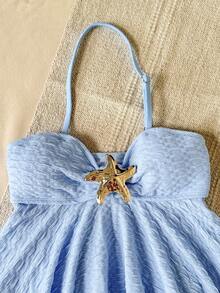 Teen Girls Blue Solid Color Jacquard Metallic Starfish Decor Spaghetti Strap Ruffled A-Line Bikini Set, Vacation Beach - Blue - View 4