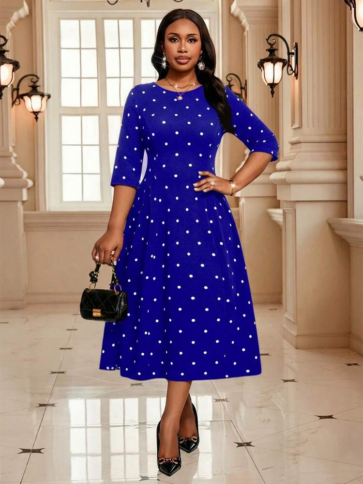 blue polka dot dress with sleeves Blue Chiffon Maxi Dress with Polka Dot Pattern and Boat Neckline