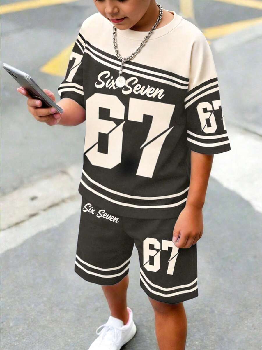 SHEIN 2件套青少年男童短袖圆领T恤+口袋短裤 - 彩色 - 查看 1