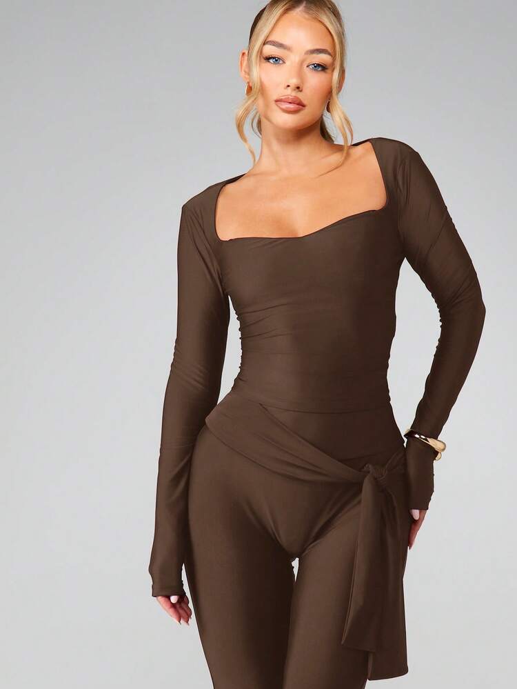 MISSGUIDED Body femme à col carré, manches longues avec détail de lien sur le côté, top marron stretch, mode automne-hiver