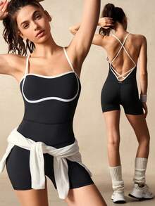 VARSIVA Backless Halter Neck Romper - Black and White - View 12