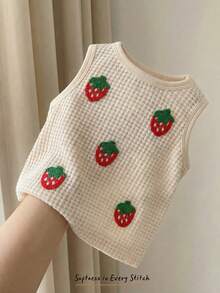 Cozy Pixies 女婴草莓图案针织柔软圆领无袖背心 - 彩色 - 查看 2
