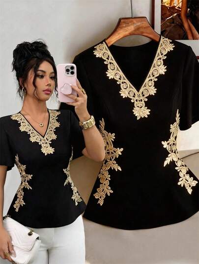 SHEIN Elenzya Women's Elegant Gold Lace Trim V-Neck Short Sleeve Blouse, Summer