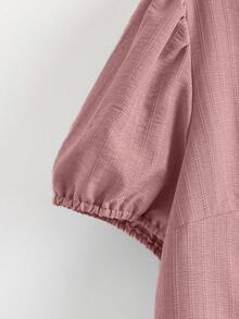 SHEIN LUNE CURVE Plus Size Striped Jacquard Linen-Like Short Sleeve Square Neck Casual Blouse For Women, Spring/Summer - Pink - View 5