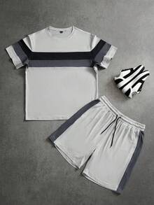 Manfinity CasualCool 男士三件套圆领T恤套装，三色拼接，灰色调，短袖短裤套装；男士灰白套装；男士夏季运动服；男士两件套休闲短裤套装；男士套装短裤；男士两件套条纹复古风，适合日常休闲、周末旅行、户外活动、探险旅行、轻松的工作环境或半正式场合，可作为男友/丈夫礼物、周年纪念/生日礼物、派对夏季假期、沙滩装、夏威夷婚礼、春夏两季穿着。 - 灰色 - 查看 4