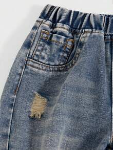 Genkimix Kids 1 chiếc quần jean denim bạc màu kiểu cổ điển cho bé trai, dáng rộng ống thẳng, cạp chun, thích hợp mặc thường ngày, chơi đùa và hoạt động ngoài trời. - Rửa trung bình - Xem 5