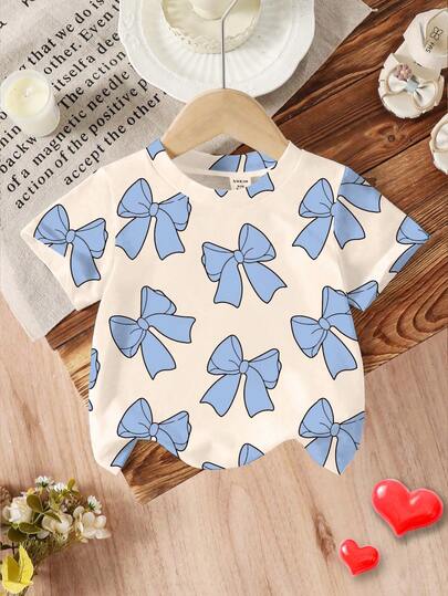 SHEIN Baby Girl Casual Minimalist All-Over Print Short Sleeve Round Neck T-Shirt, Cute Blue Bow Print Round Neck Short Sleeve Adorable T-Shirt, Suitable For Summer