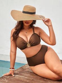 Swim Vcay 2026 New Plus Size Swimwear Set, Shiny Fabric Bandeau Top With Detachable Adjustable Straps, High-Waisted Swim Shorts, Sexy Beach Vacation Pool Outfit - Coffee Brown - View 3