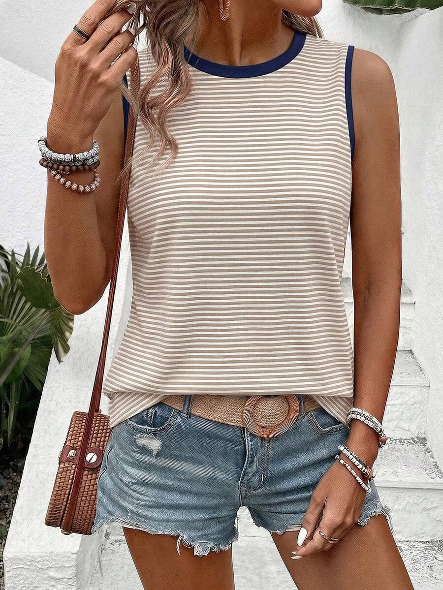 EMERY ROSE Women's Casual Round Neck Sleeveless Contrast Trim Striped Print Tank Top - Multicolor - View 1