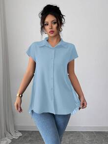 Elenzga 2025新款女士不对称下摆披肩衬衫 - 藍色 - 查看 5