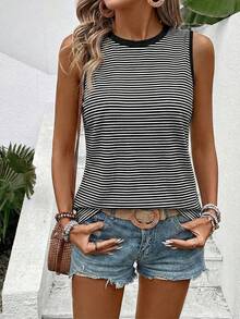 Selamara Áo tank top nữ cổ tròn không tay, phối màu tương phản, in họa tiết sọc - Nhiều màu - Xem 4