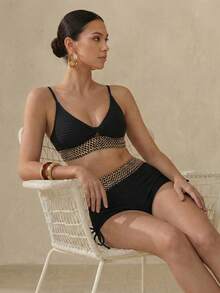 Swim Vcay Bãi biển mùa hè dành cho nữ Kỳ nghỉ Splice Dây dệt Bộ bikini đơn giản và thời trang với bộ bikini có thể tách rời - màu đen - Xem 3