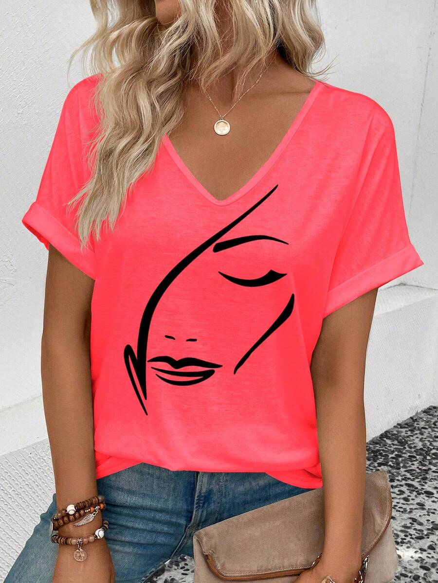 Selamara Áo thun nữ tay ngắn cổ chữ V in họa tiết trừu tượng, kiểu dáng thường ngày, đa năng, bán chạy nhất, hàng mới về. - Đỏ - Xem 1